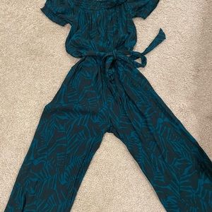 Old Navy Emerald Green off the shoulder Jumpsuit with Palm Print